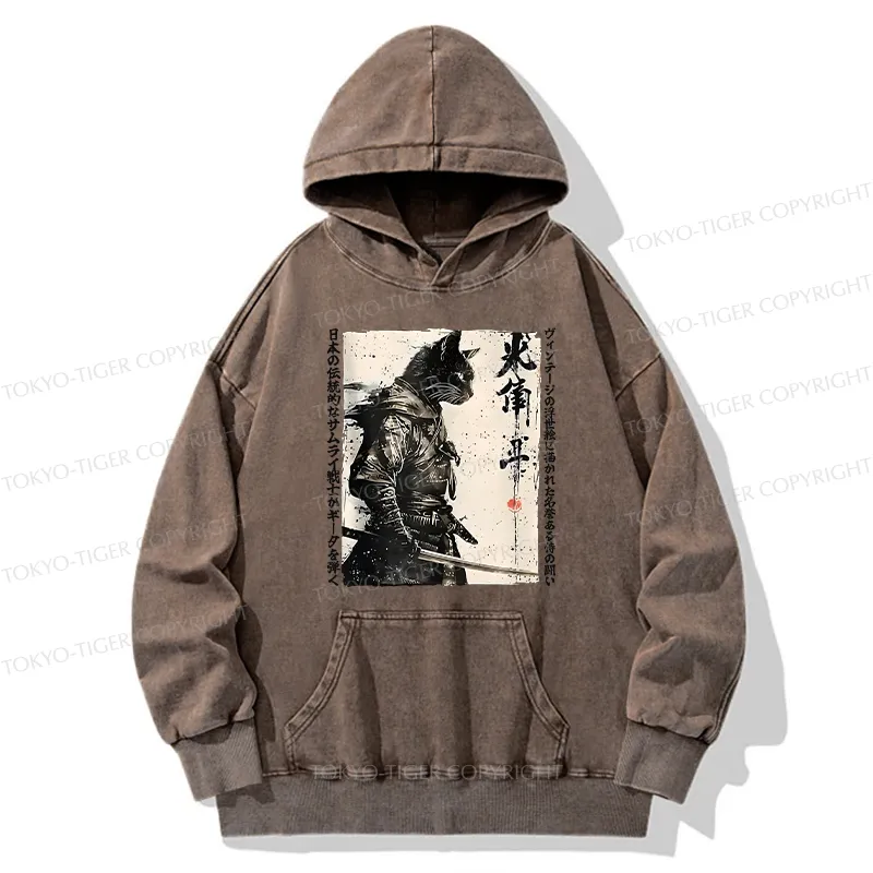 Tokyo-Tiger Cat Samurai Retro Washed Hoodie