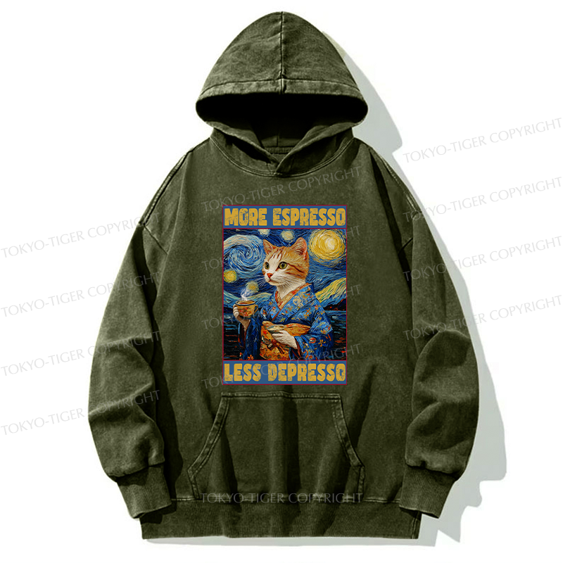 Tokyo-Tiger Funny More Espresso Less Depresso Washed Hoodie