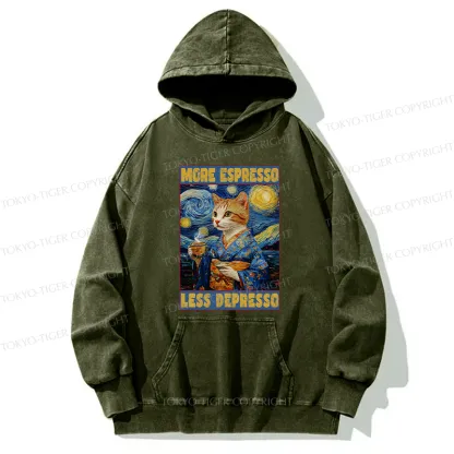 Tokyo-Tiger Funny More Espresso Less Depresso Washed Hoodie
