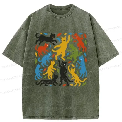 Tokyo-Tiger Funny Dancing Cat Washed T-Shirt