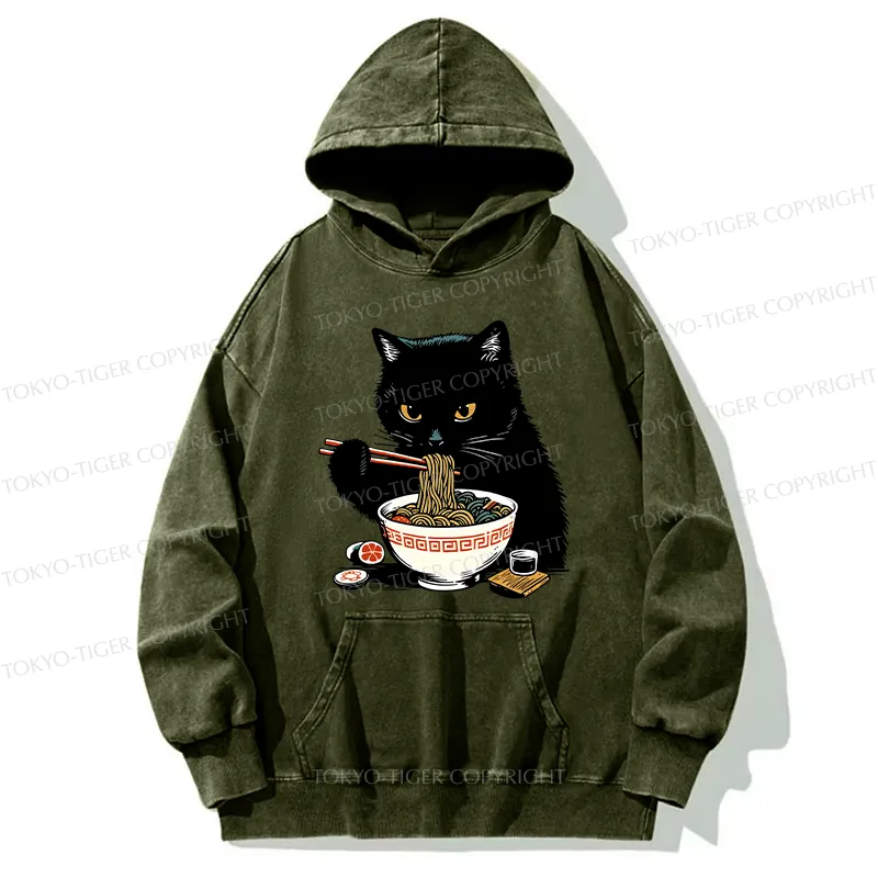 Tokyo-Tiger Cat Eating Favorite Ramen Washed Hoodie