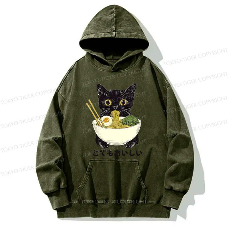 Tokyo-Tiger Ramen Lover Cute Cat Washed Hoodie