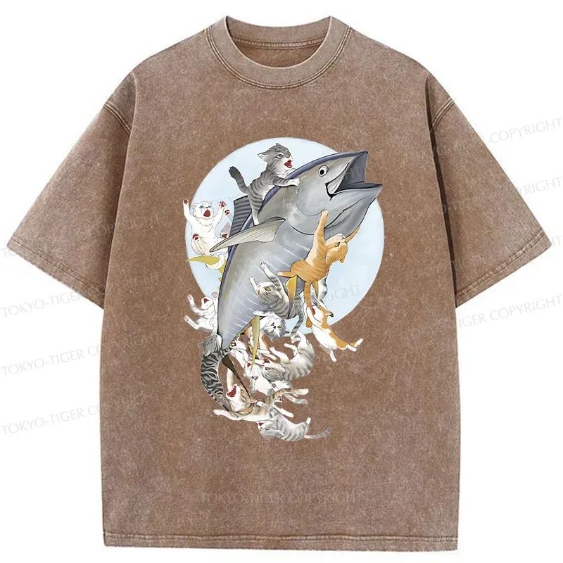 Tokyo-Tiger Cats Caught Tuna Washed T-Shirt