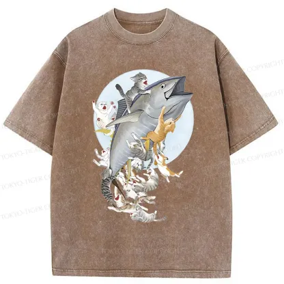 Tokyo-Tiger Cats Caught Tuna Washed T-Shirt