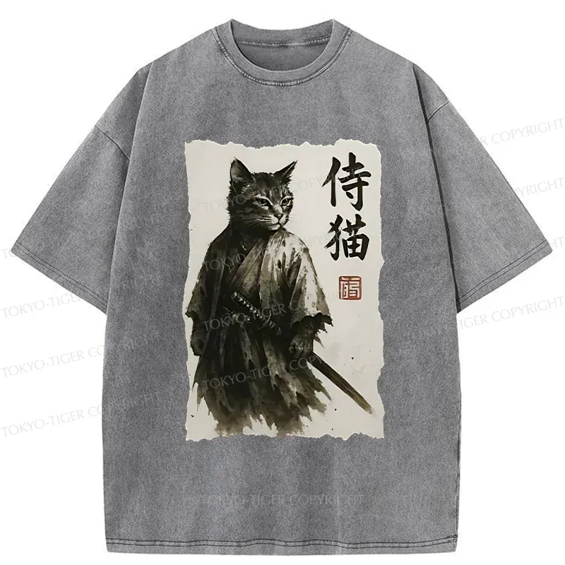 Tokyo-Tiger Cat Japanese Samurai Washed T-Shirt