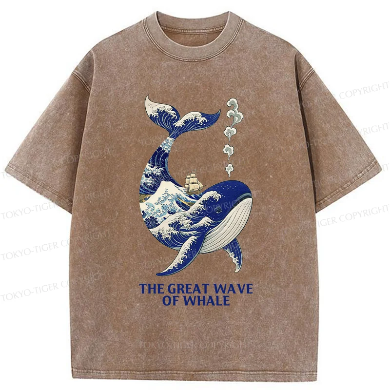 Tokyo-Tiger Ukiyoe Wave Whale Washed T-Shirt