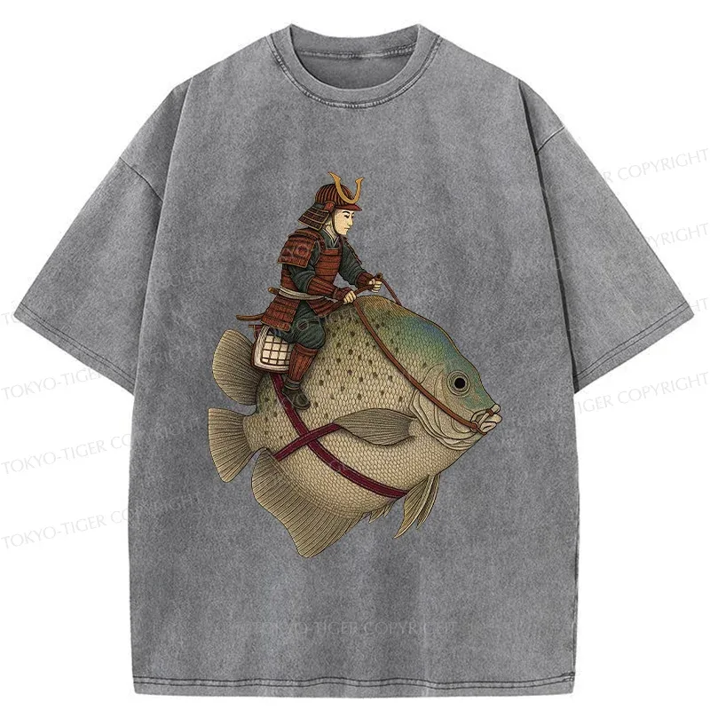 Tokyo-Tiger Samurai Riding A Fish Washed T-Shirt