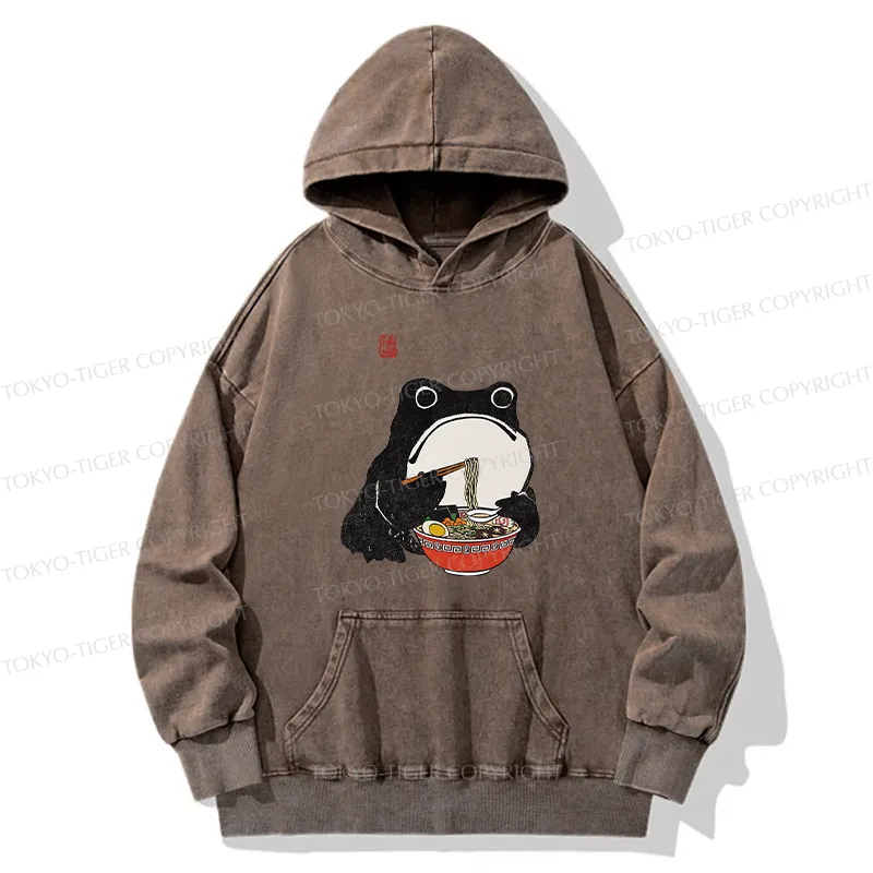 Tokyo-Tiger Funny Frog Eating Ramen Washed Hoodie