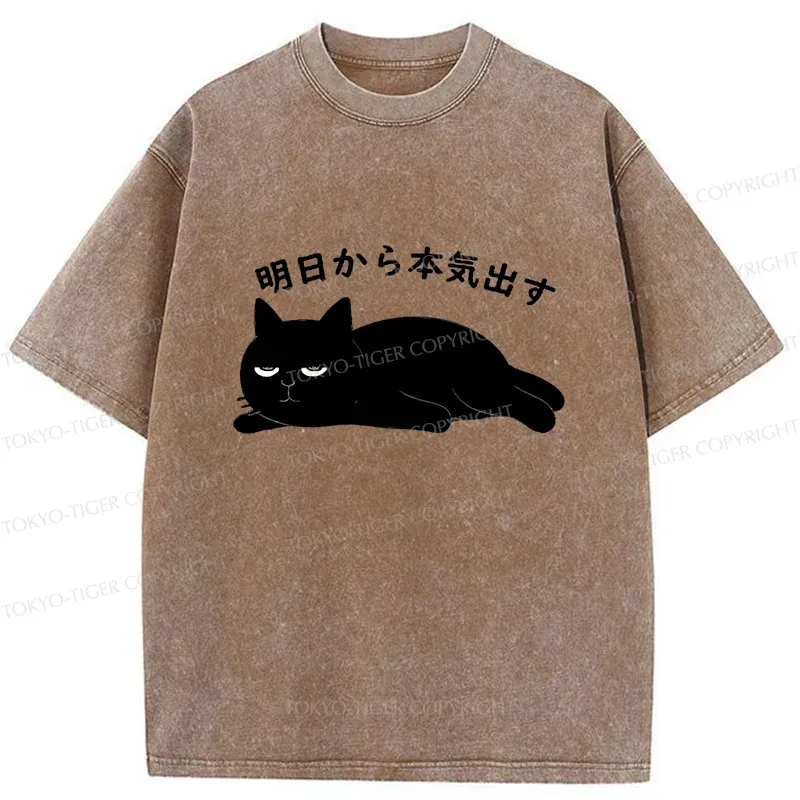 Tokyo-Tiger Lazy Cat Kanji Washed T-Shirt