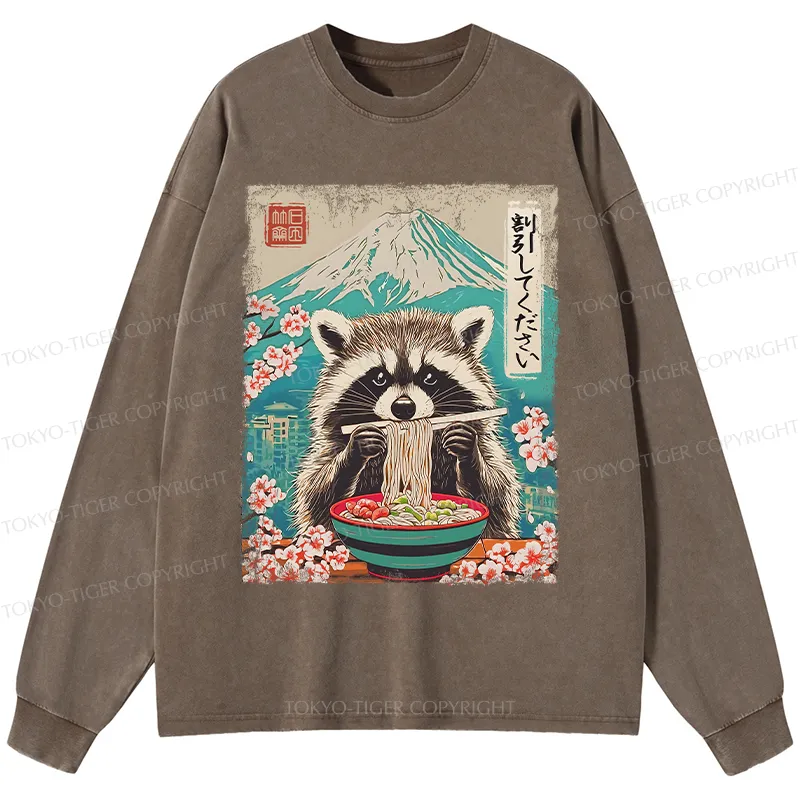 Tokyo-Tiger Please Give Raccoon A Discount Washed Long Sleeve T-Shirt