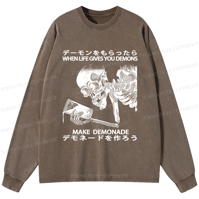 Tokyo-Tiger Make Demonade Funny Washed Long Sleeve T-Shirt