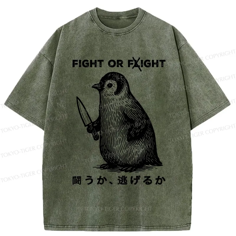 Tokyo-Tiger Funny Fight Or Flight Washed T-Shirt