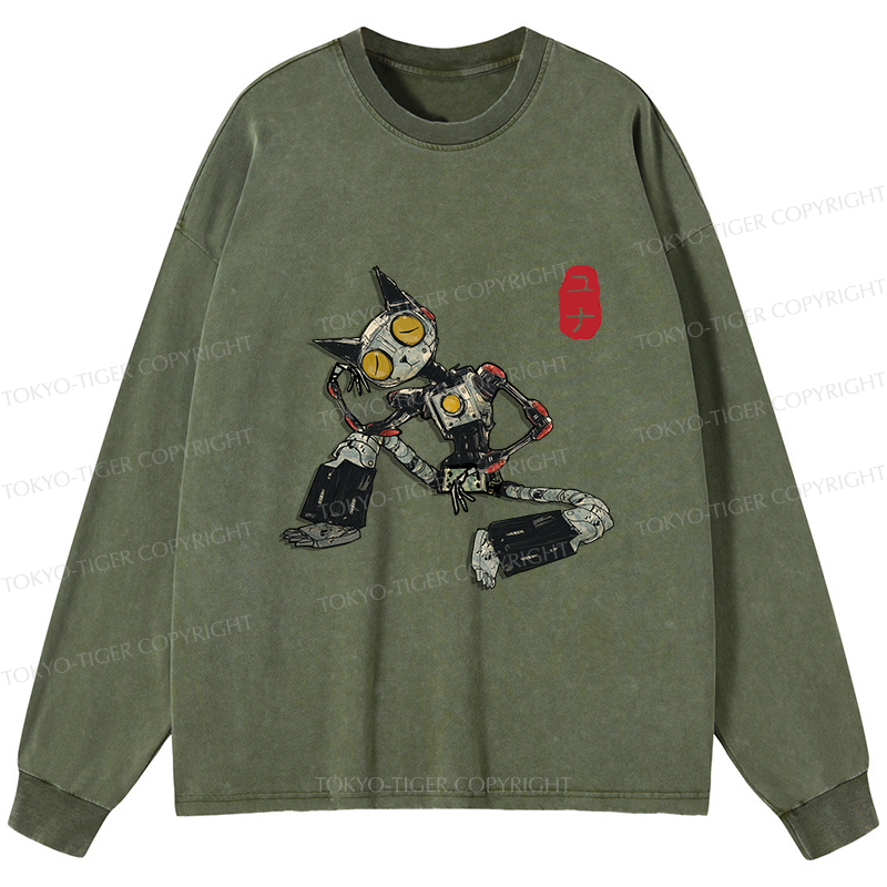 Tokyo-Tiger Contemplative Robot Cat Washed Long Sleeve T-Shirt