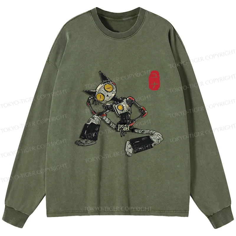 Tokyo-Tiger Contemplative Robot Cat Washed Long Sleeve T-Shirt