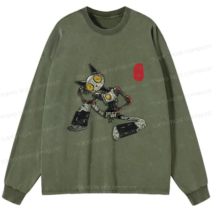 Tokyo-Tiger Contemplative Robot Cat Washed Long Sleeve T-Shirt