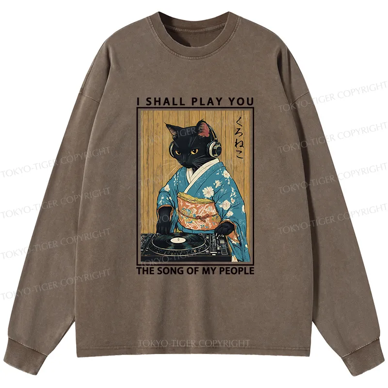 Tokyo-Tiger Funny Playing Music Black Cat Washed Long Sleeve T-Shirt
