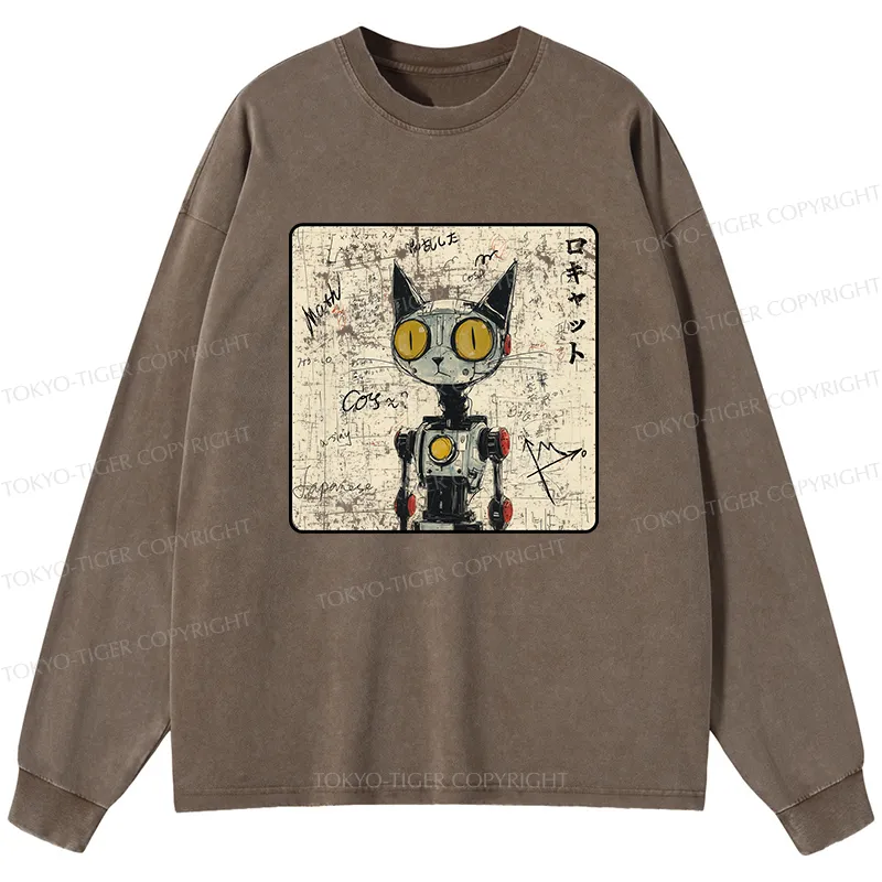 Tokyo-Tiger Robot Cat Washed Long Sleeve T-Shirt
