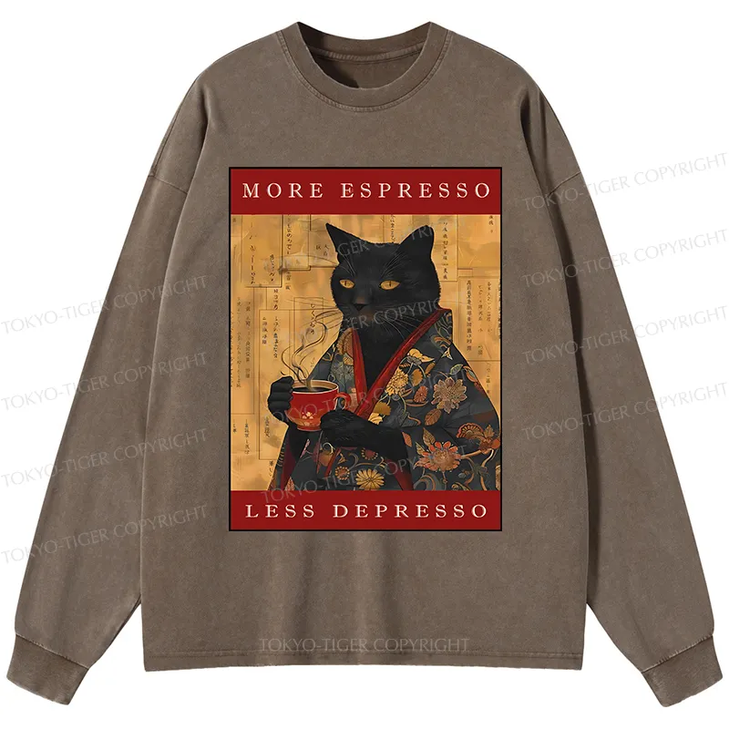 Tokyo-Tiger More Espresso Less Depresso Cat Washed Long Sleeve T-Shirt