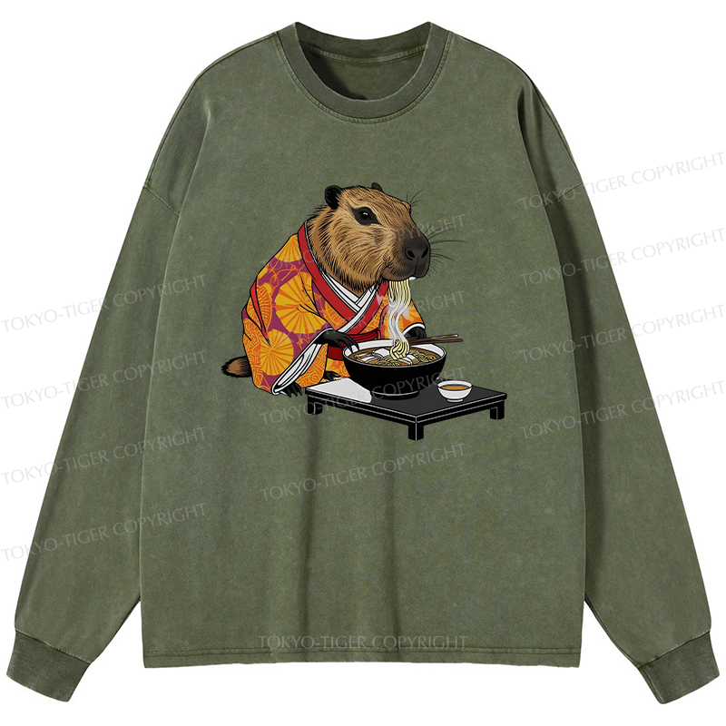Tokyo-Tiger Cute Capybara Eating Ramen Washed Long Sleeve T-Shirt
