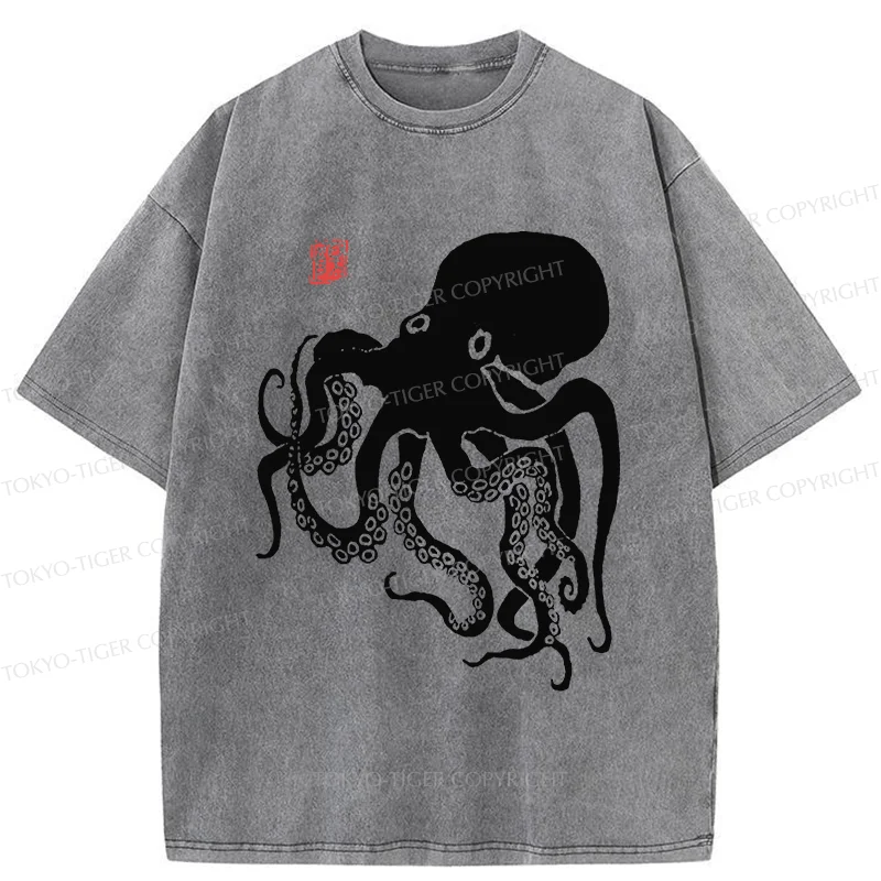 Tokyo-Tiger Retro Japanese Octopu Washed T-Shirt