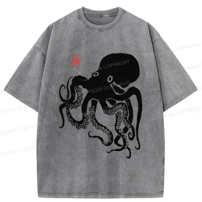 Tokyo-Tiger Retro Japanese Octopu Washed T-Shirt