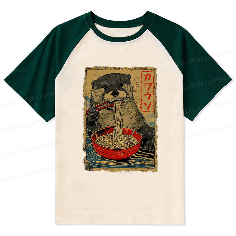 Tokyo-Tiger Otter Eating Ramen Japan Raglan T-shirt
