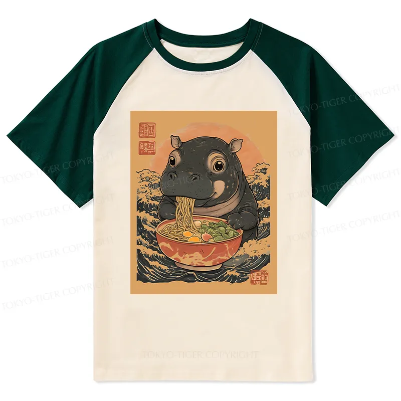 Tokyo-Tiger Moo Deng Eat Ramen Raglan T-shirt