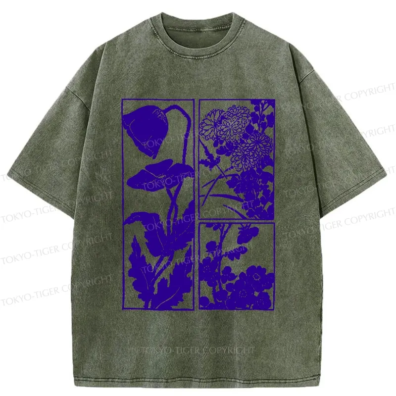 Tokyo-Tiger Woodcut Flowers Washed T-Shirt