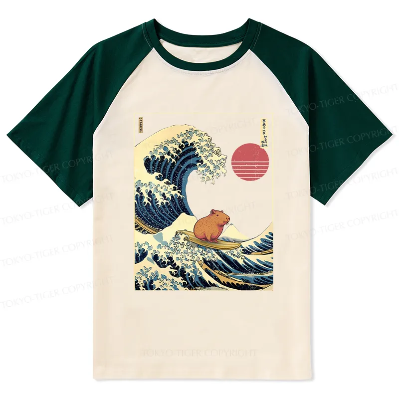 Tokyo-Tiger Capybara Surfing Raglan T-shirt