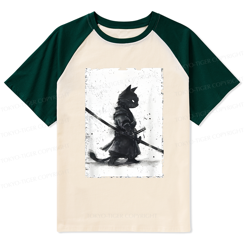 Tokyo-Tiger Retro Cat Samurai Japanese Raglan T-shirt