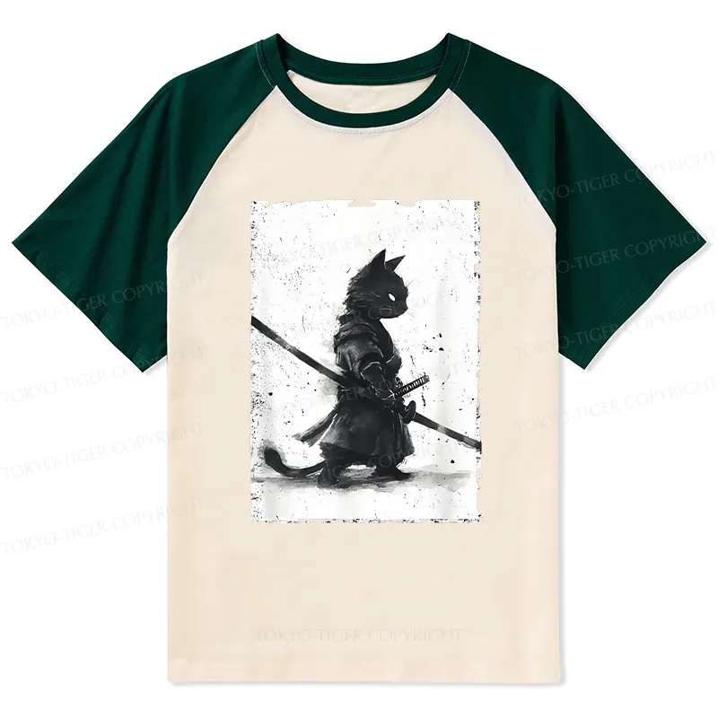 Tokyo-Tiger Retro Cat Samurai Japanese Raglan T-shirt