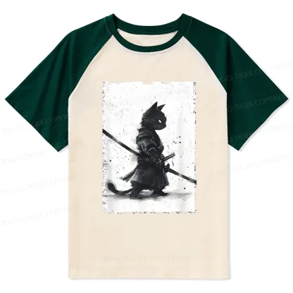 Tokyo-Tiger Retro Cat Samurai Japanese Raglan T-shirt