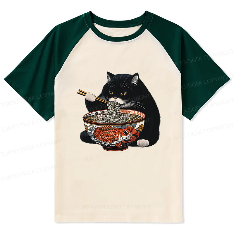 Tokyo-Tiger Fat Cat Eating Ramen Raglan T-shirt