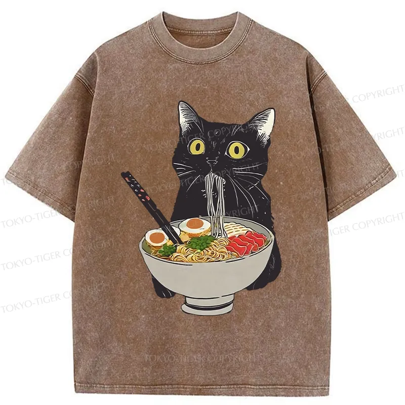 Tokyo-Tiger Cat Eating Hearty Ramen Washed T-Shirt