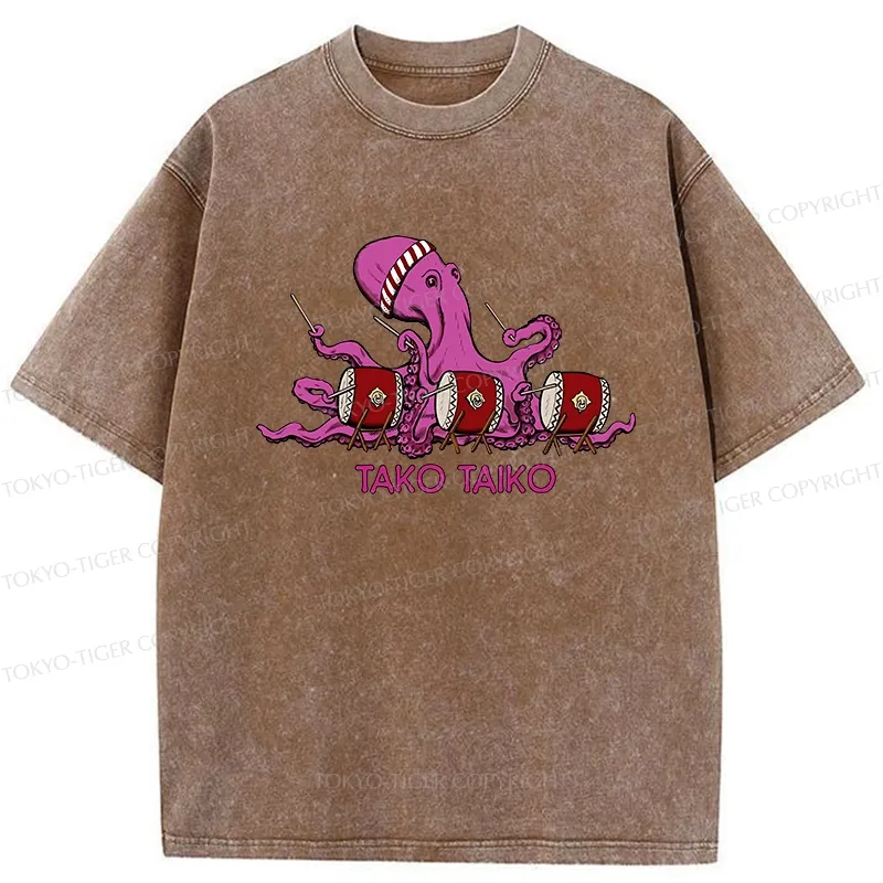 Tokyo-Tiger Funny Octopus Playing Taiko Washed T-Shirt