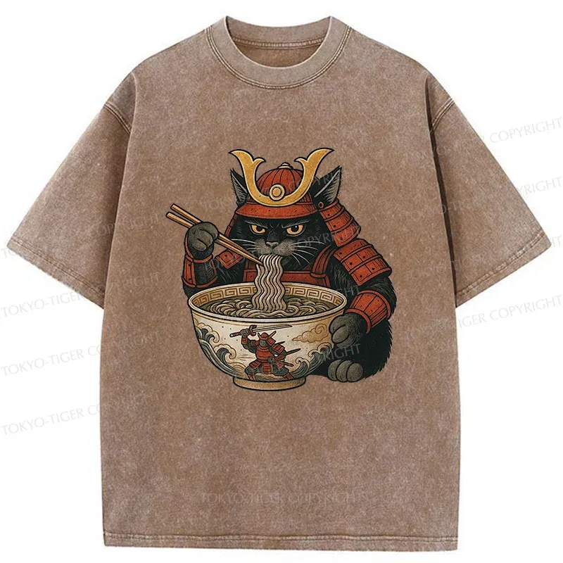 Tokyo-Tiger Cat General Eats Ramen Washed T-Shirt