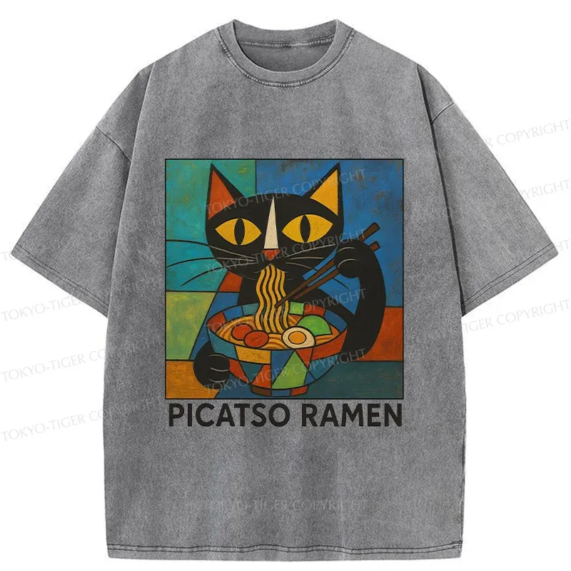 Tokyo-Tiger Abstract Cat Eating Ramen Washed T-Shirt
