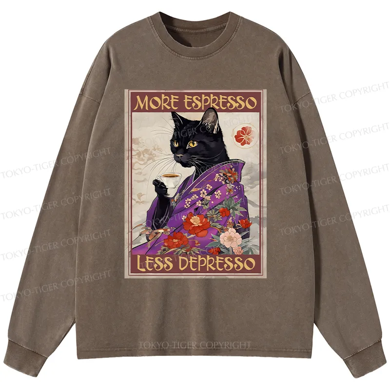 Tokyo-Tiger Japanese Cat Drinking Coffee Washed Long Sleeve T-Shirt
