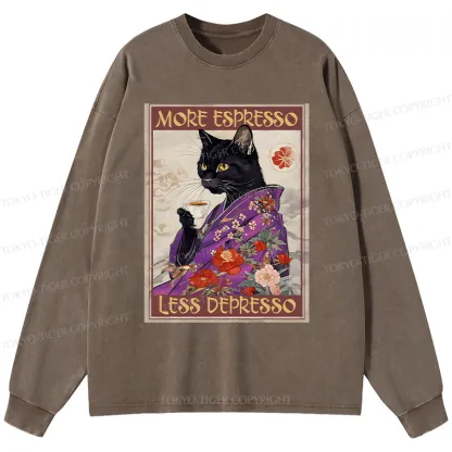 Tokyo-Tiger Japanese Cat Drinking Coffee Washed Long Sleeve T-Shirt