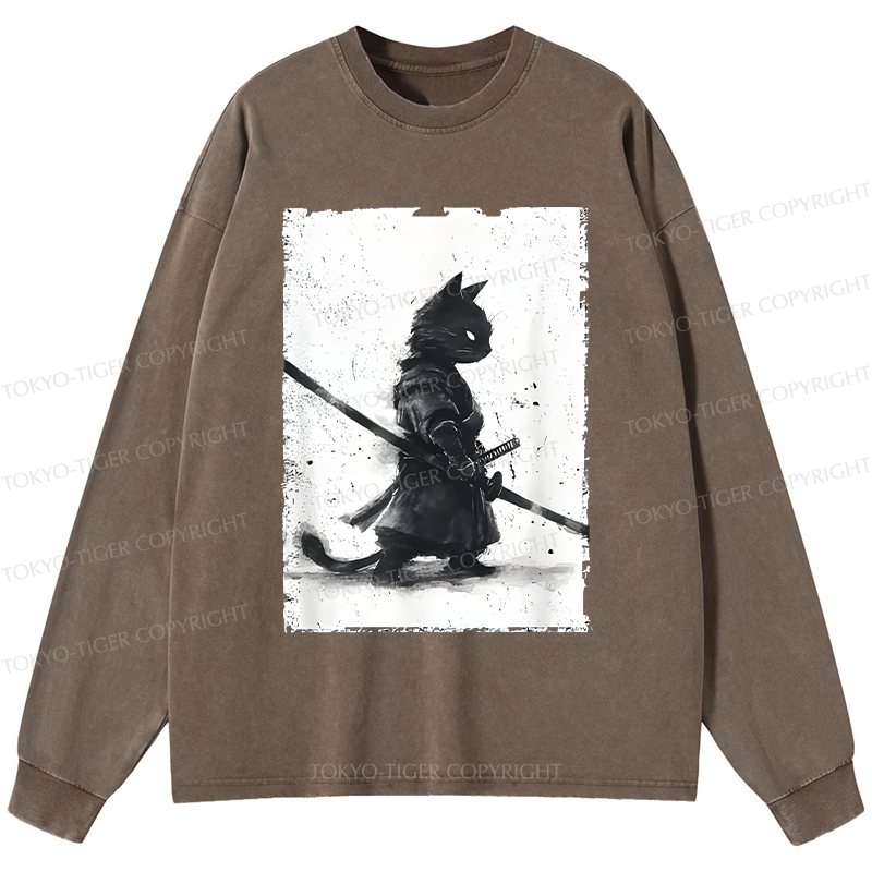 Tokyo-Tiger Retro Cat Samurai Japanese Washed Long Sleeve T-Shirt