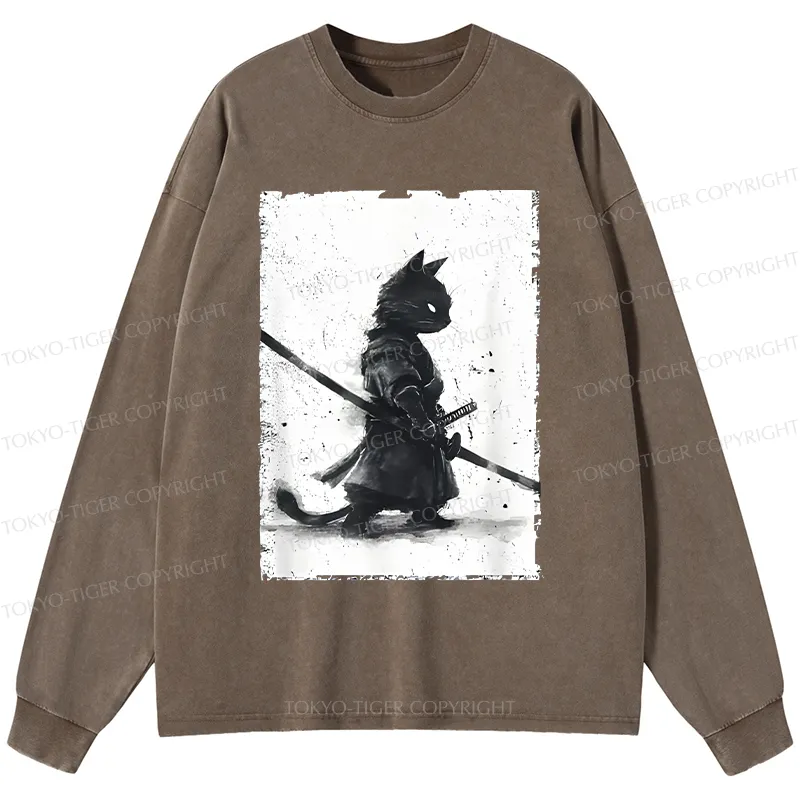 Tokyo-Tiger Retro Cat Samurai Japanese Washed Long Sleeve T-Shirt