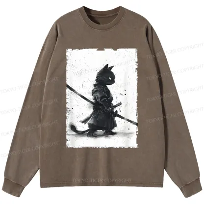 Tokyo-Tiger Retro Cat Samurai Japanese Washed Long Sleeve T-Shirt