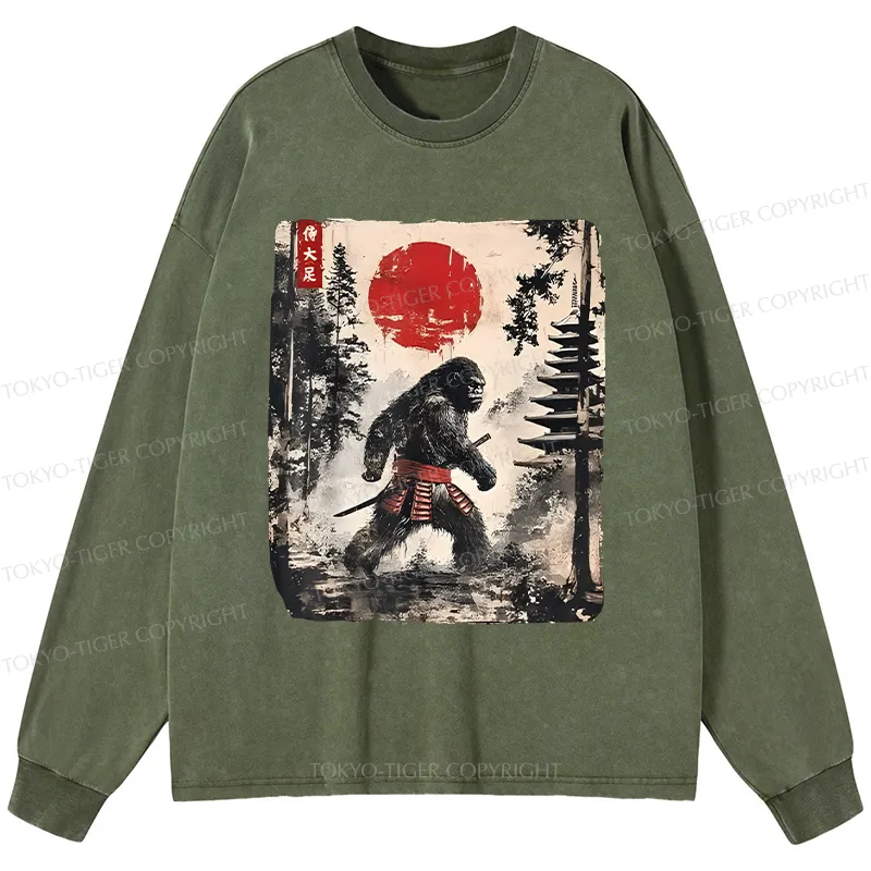 Tokyo-Tiger Japanese Samurai Bigfoot Washed Long Sleeve T-Shirt