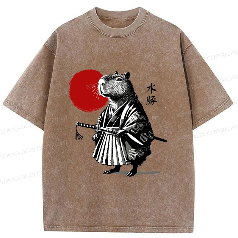 Tokyo-Tiger Retro Capybara Samurai Washed T-Shirt