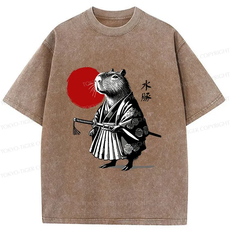 Tokyo-Tiger Retro Capybara Samurai Washed T-Shirt