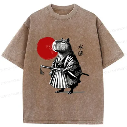 Tokyo-Tiger Retro Capybara Samurai Washed T-Shirt