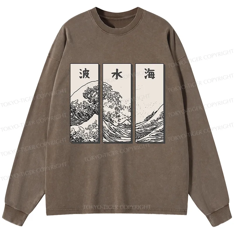 Tokyo-Tiger Japanese Art Wave Washed Long Sleeve T-Shirt