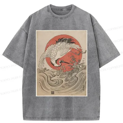 Tokyo-Tiger Vintage Crane and Waves Washed T-Shirt
