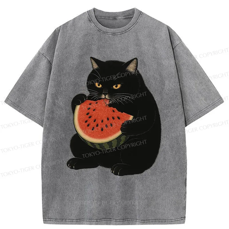 Tokyo-Tiger Black Cat Eating Watermelon Washed T-Shirt