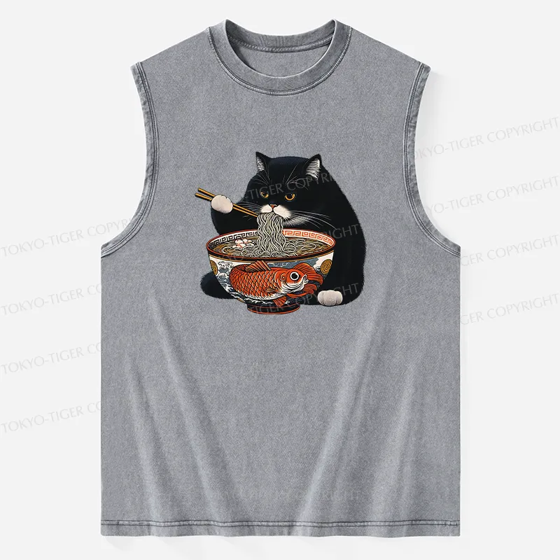 Tokyo-Tiger Fat Cat Eating Ramen Washed Tank